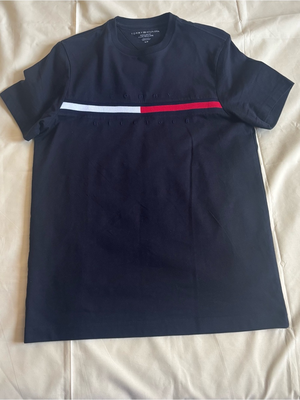 Tommy Hilfiger Black Tee with Red and White Chest Stripe
